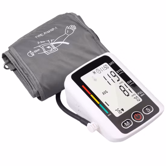 Cardiofrequenzimetro portatile automatico per uso domestico.  Misura il misuratore digitale della pressione sanguigna da braccio per uso domestico